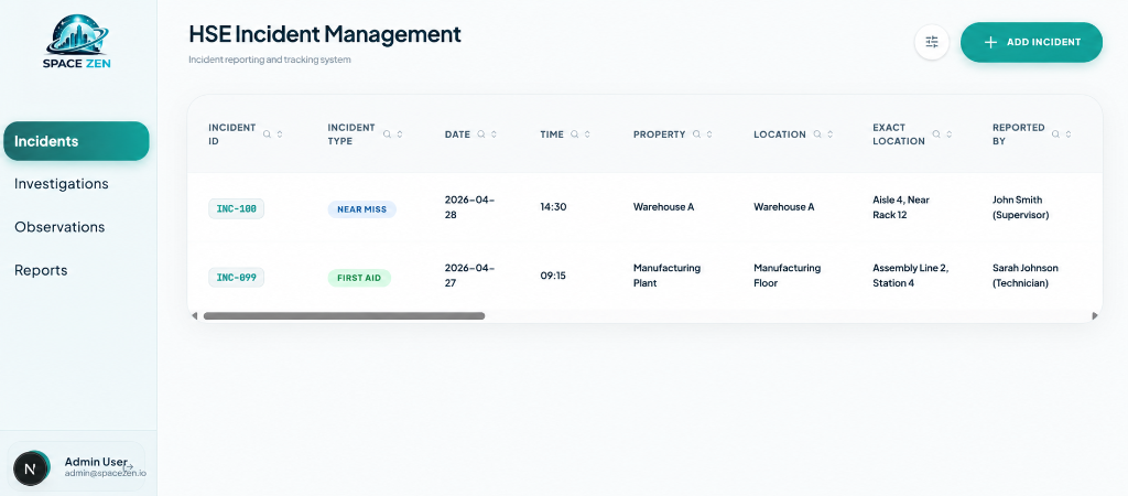 SpaceZen HSE Incident Management Dashboard